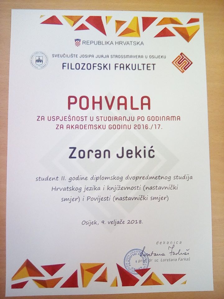 Zoran Jekić studentska pohvala