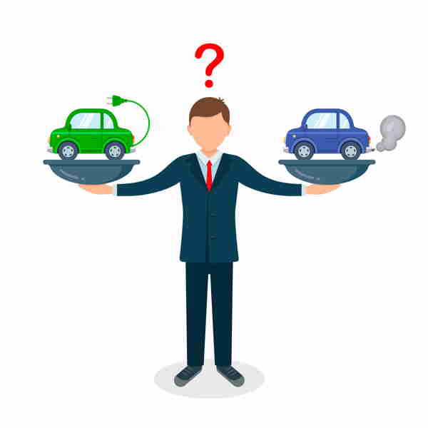 cartoon of man in suit holding an electric car in one hand and a petrol one in the other trying to decide between the two 636948296830401002