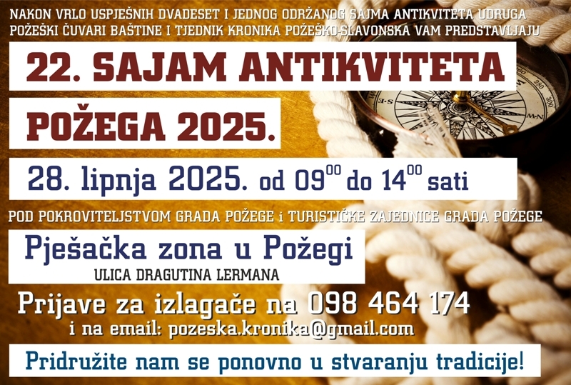 Najavljen 22. "Sajam antikviteta" na pješačkoj zoni u subotu 28. lipnja uz degustaciju kulena 45. Požeške kulenijade