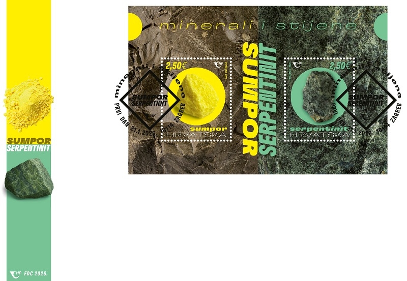 Prigodni poštanski blok Minerali i stijene - Prvo ovogodišnje izdanje prikazuje mineral sumpor i stijenu serpentinit