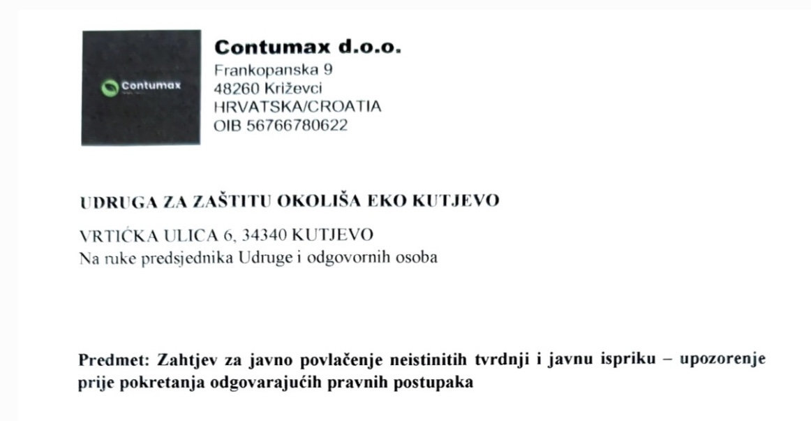 Tvrtka CONTUMAX d.o.o. uputila dopis Udruzi EKO Kutjevo: Zahtjev za javno povlačenje neistinitih tvrdnji i javnu ispriku