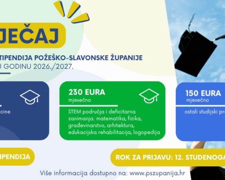Do 400 eura mjesečno za studente: Požeško-slavonska županija objavila natječaj za dodjelu stipendija