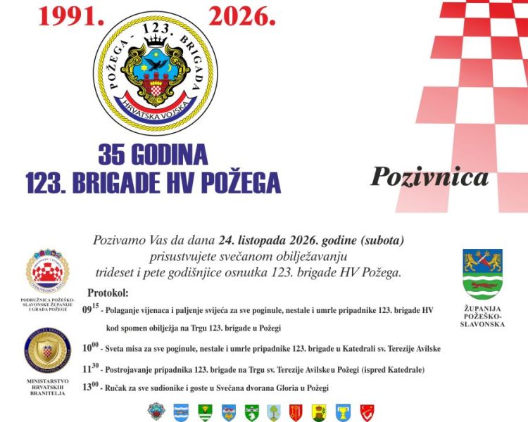 U Požegi će biti obilježena 35. obljetnica osnutka 123. brigade Hrvatske vojske