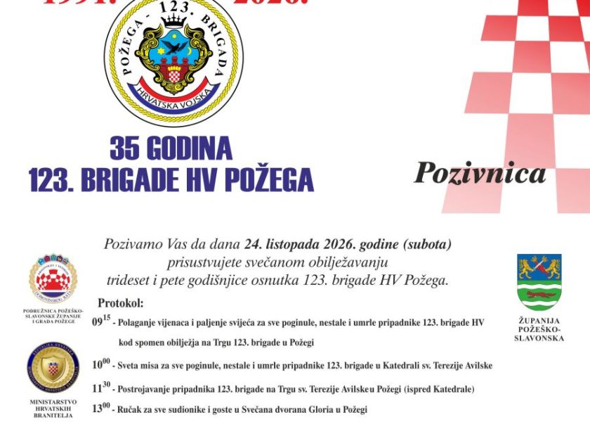 U Požegi će biti obilježena 35. obljetnica osnutka 123. brigade Hrvatske vojske