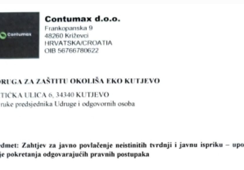 Tvrtka CONTUMAX d.o.o. uputila dopis Udruzi EKO Kutjevo: Zahtjev za javno povlačenje neistinitih tvrdnji i javnu ispriku