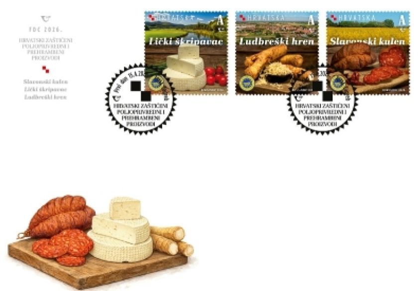 Slavonski kulen, sir lički škripavac i ludbreški hren motivi poštanskih maraka iz serije „Hrvatski zaštićeni poljoprivredni i prehrambeni proizvodi“