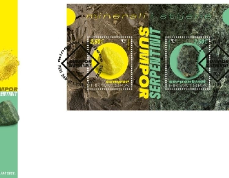 Prigodni poštanski blok Minerali i stijene - Prvo ovogodišnje izdanje prikazuje mineral sumpor i stijenu serpentinit