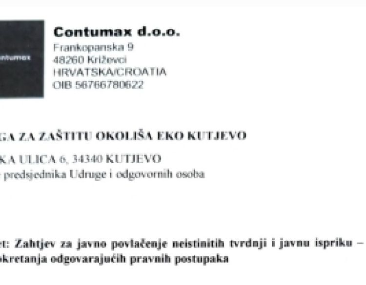 Tvrtka CONTUMAX d.o.o. uputila dopis Udruzi EKO Kutjevo: Zahtjev za javno povlačenje neistinitih tvrdnji i javnu ispriku