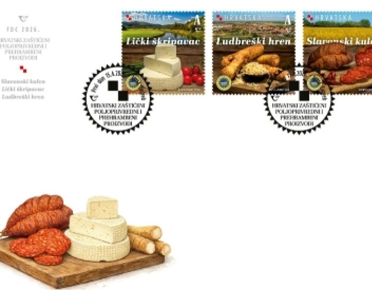 Slavonski kulen, sir lički škripavac i ludbreški hren motivi poštanskih maraka iz serije „Hrvatski zaštićeni poljoprivredni i prehrambeni proizvodi“