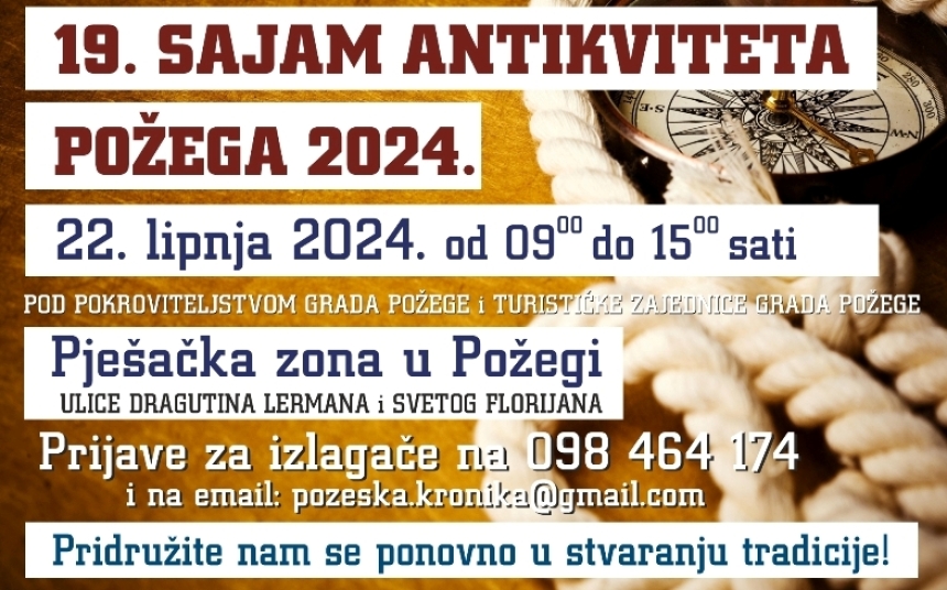 Najavljen 19. "Sajam antikviteta" u pješačkoj zoni grada Požege u subotu 22. lipnja