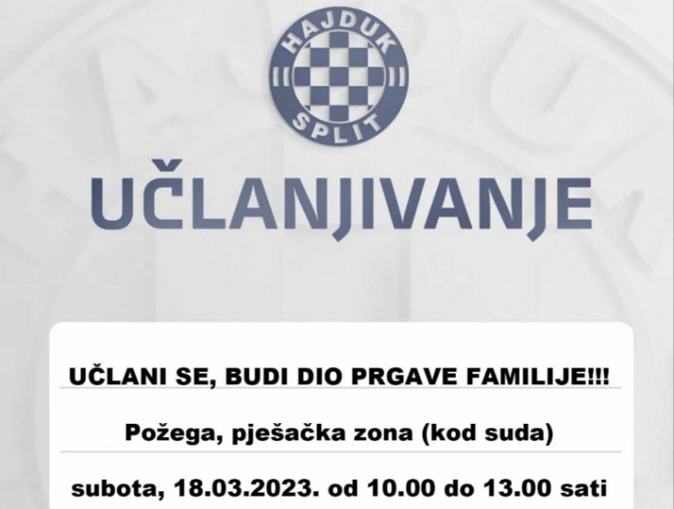 Društvo prijatelja Hajduka poziva na druženje i učlanjenje u familiju Hajduka