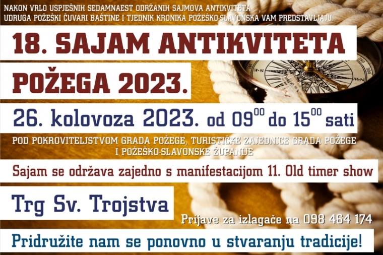 Najavljen 18. "Sajam antikviteta Požega 2023." na Trgu sv. Trojstva u subotu 26. kolovoza